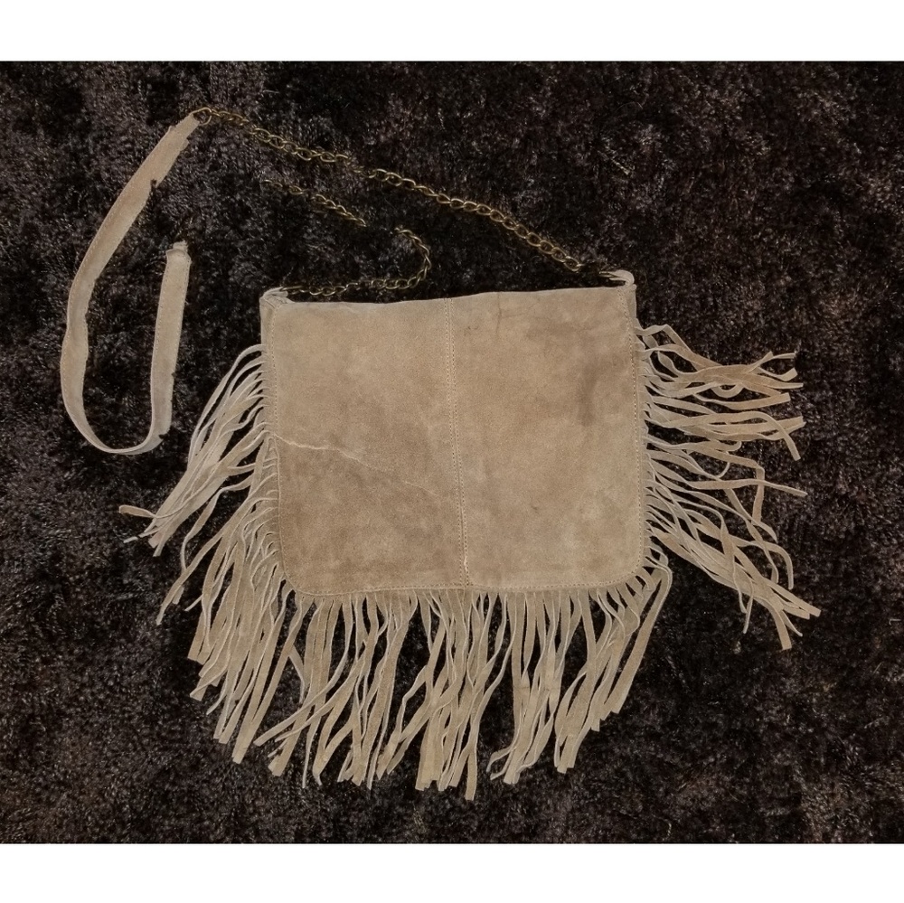 Tan Real Suede Fringed Crossbody Purse